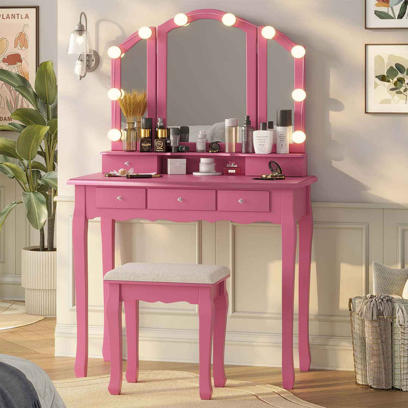 Sikaic Makeup Vanity Makeup Vanity Set with Lighted Mirror Stool Drawers and Cushioned Stool Pink Pink / Wood / Modern