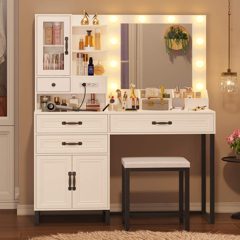 Sikaic Makeup Vanity Glass Top Makeup Vanity Desk with Lighted Mirror & Bench Charging Station Double Door Cabinet White & Black