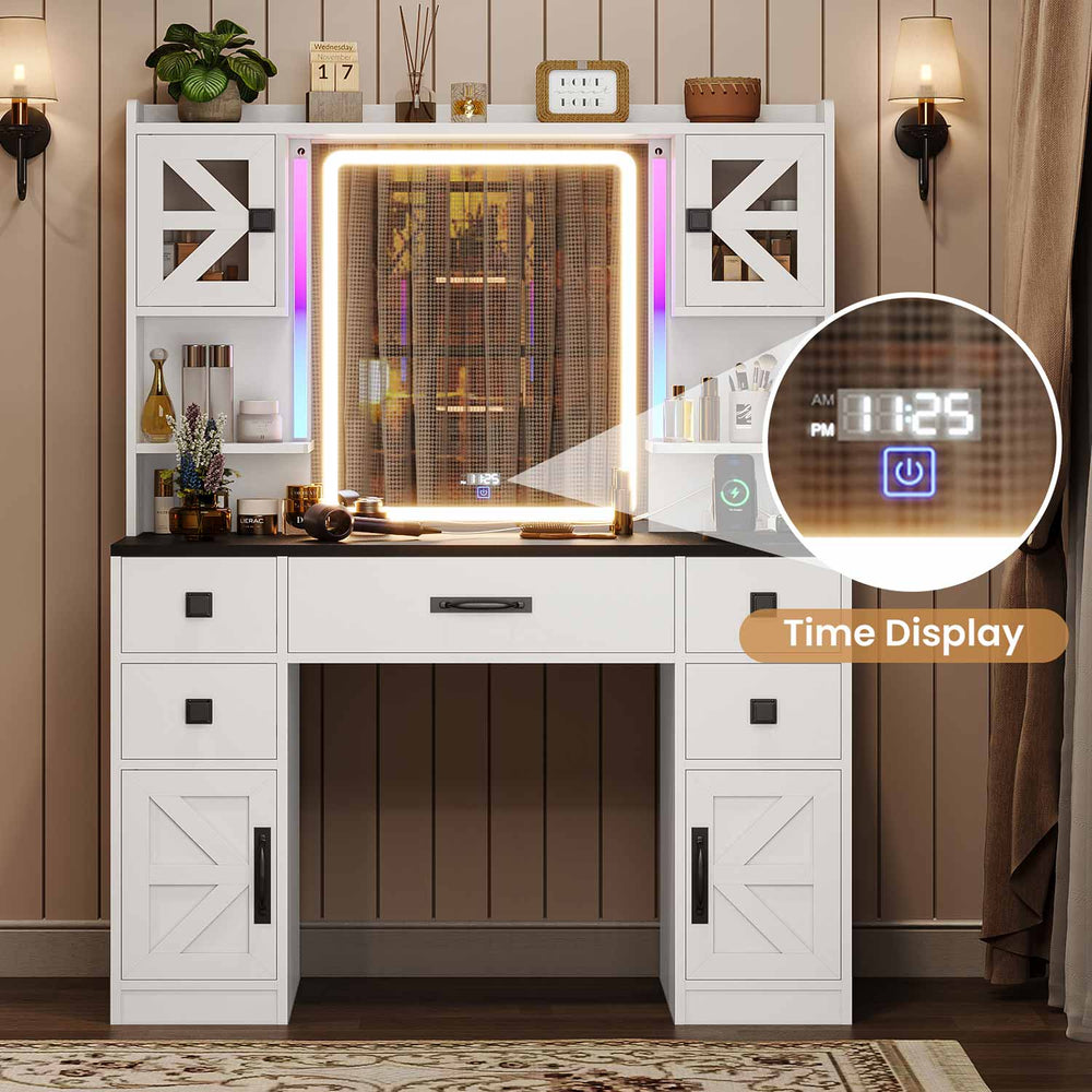 Sikaic Makeup Vanity Farmhouse Makeup Vanity Desk with RGB Light Bars & Charging Station and Digital Clock in 12-Hour Mode White Black White / Engineered Wood / Farmhouse