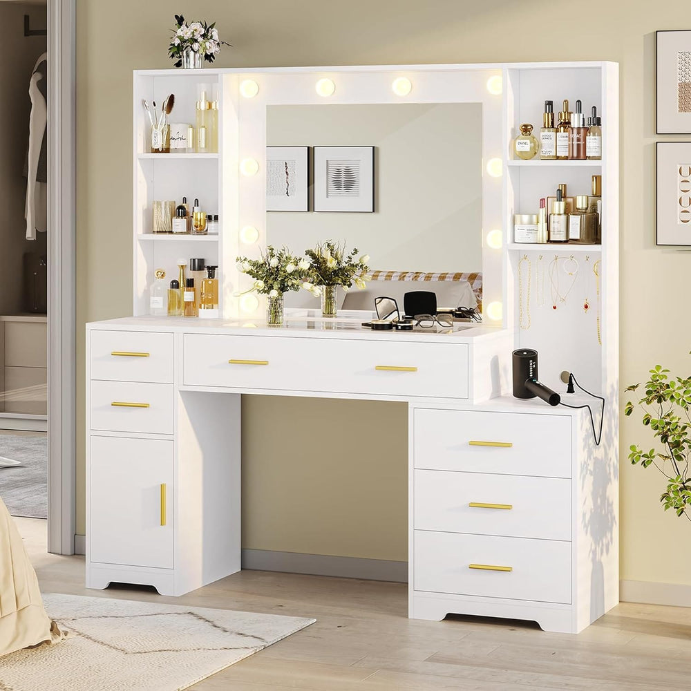 Sikaic Makeup Vanity 48.8 Inches Large Makeup Vanity Desk with Lighted Mirror & Power Outlet Glass Tabletop Bedroom Dressing Table White