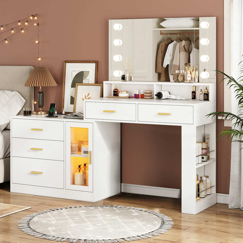 Sikaic Makeup Vanity LED Makeup Vanity Dresser with Mirror and Charging Station & 5 Drawers Cabinet Storage White