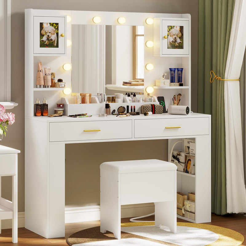 Sikaic Makeup Vanity LED Makeup Vanity Set with Cushioned Storage Stool Power Outlet Mirror & Photo Frame Cabinets White