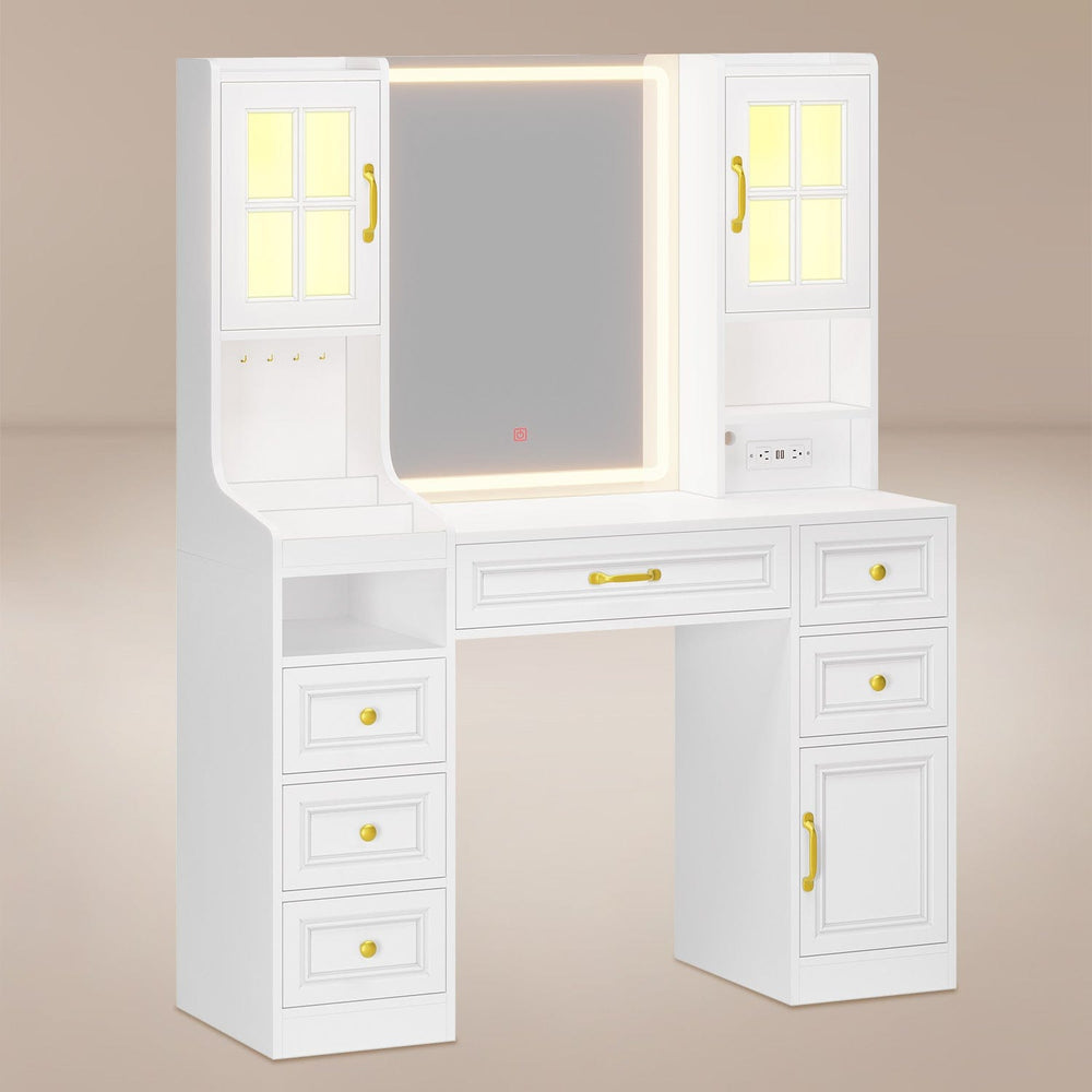 Sikaic Makeup Vanity LED Makeup Vanity with Charging Station White White / Engineered Wood / Modern