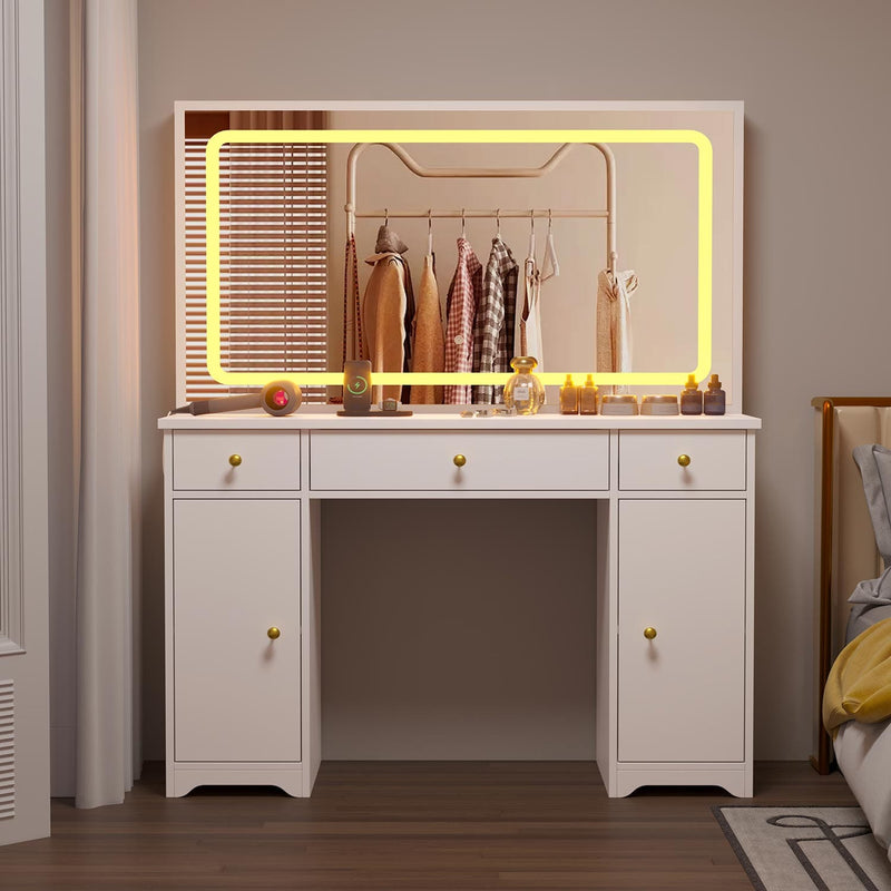 Sikaic Makeup Vanity Makeup Vanity Desk with Large Mirror and LED Lights Sliding Jewelry Cabinet & Power Outlets Drawers White