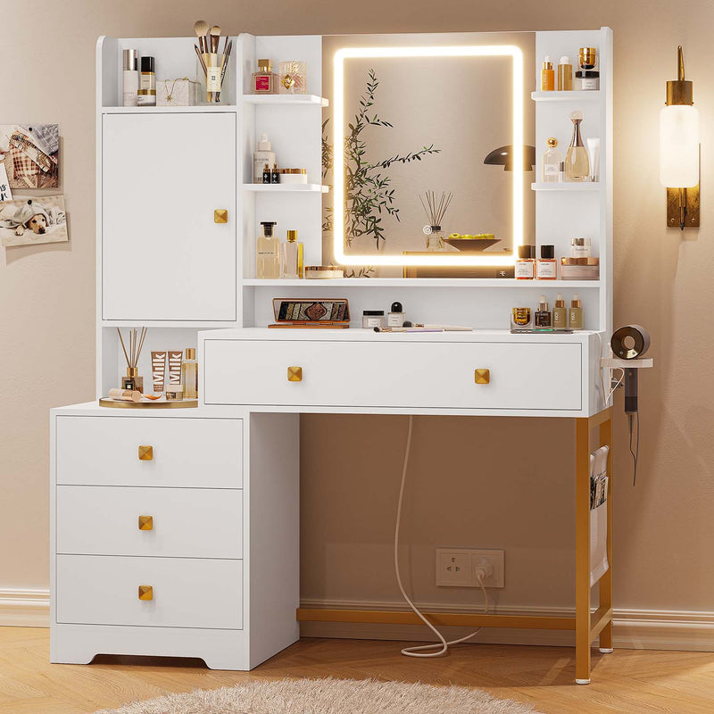 Sikaic Makeup Vanity Makeup Vanity Desk with Mirror and LED Lights Charging Station Jewelry Cabinet Hair Dryer Holder White