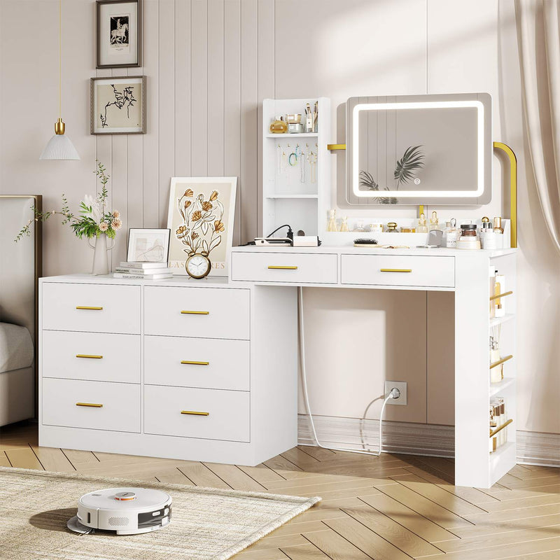 Sikaic Makeup Vanity White LED Makeup Dressing Vanity Table with Mirror and Charging Station & Drawers Tabletop Shelves