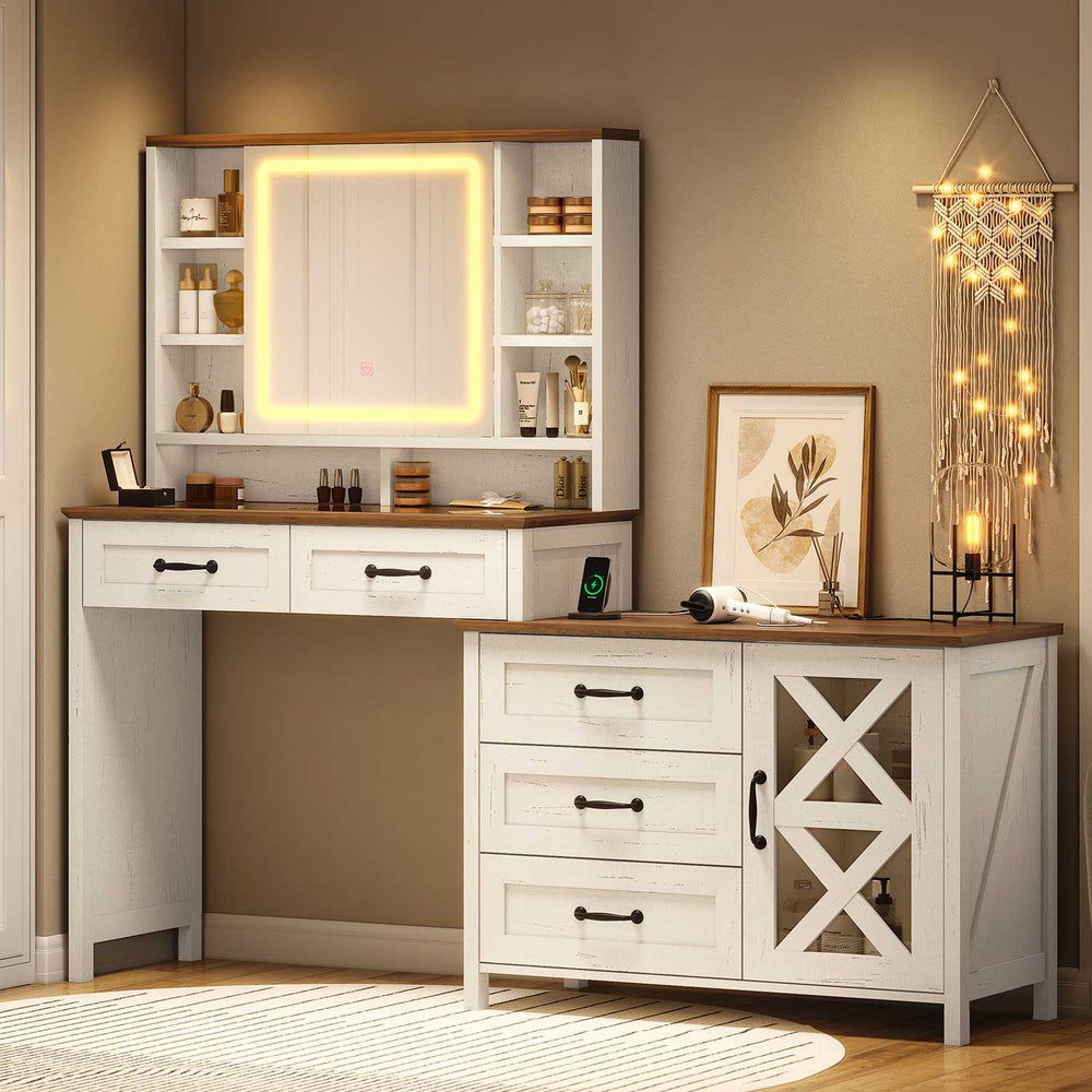 Sikaic Makeup Vanity LED Mirror Glass Top Vanity Desk with Dresser & Charging Station Drawers & Shelves White