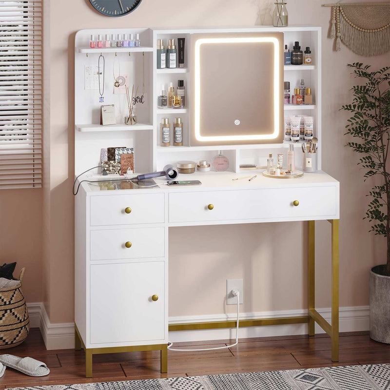 Sikaic Makeup Vanity LED Makeup Vanity Desk with Mirror Charging Station Hidden and Open Storage Shelves White