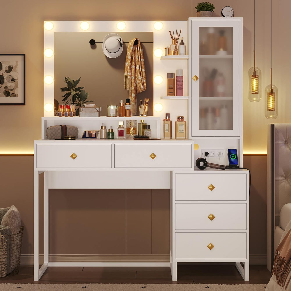 Sikaic Makeup Vanity LED Makeup Vanity With Outlet Nightstand Drawers White