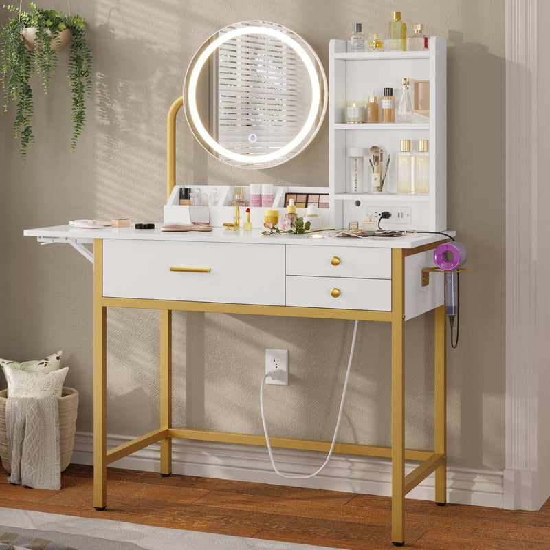 Sikaic Makeup Vanity Foldable Makeup Vanity with Glass Top & Lights and Power Outlet White and Gold White & Gold / Engineered Wood / Modern