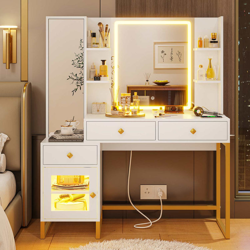 Sikaic Makeup Vanity RGB LED Makeup Vanity with Charging Station Jewelry Armoire & Full Length Mirror Drawers & Shelves White & Gold