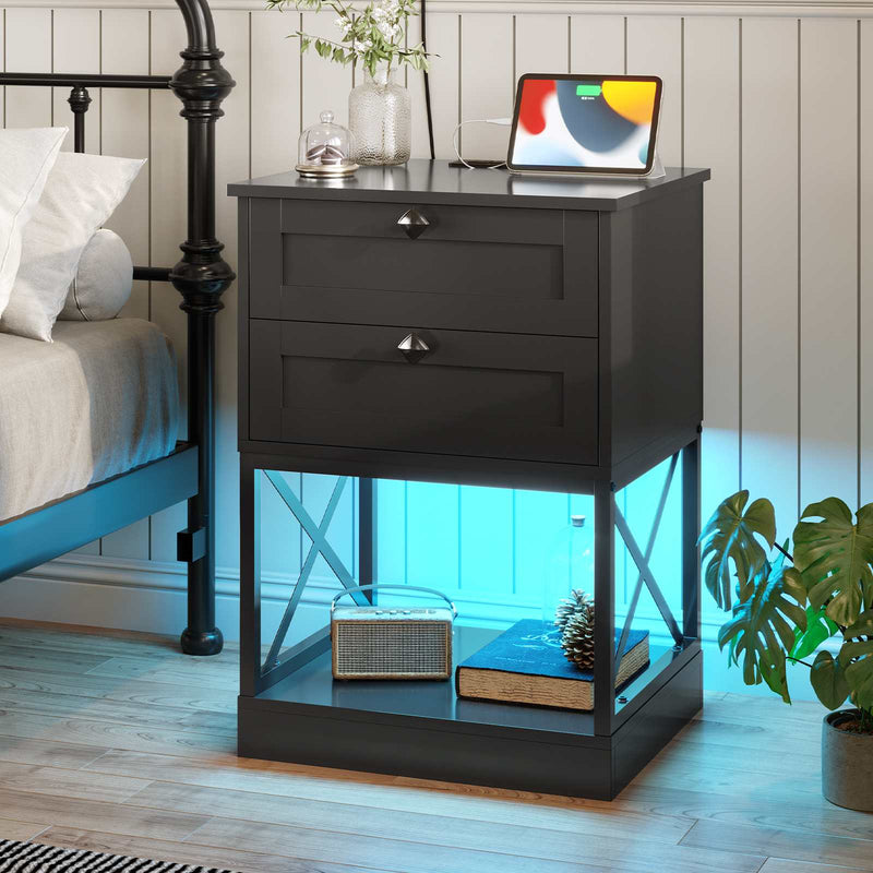 Sikaic Nightstand 2 Drawers LED Nightstand with Charging Station and Open Storage Shelf for Bedroom Black Black / Engineered Wood / Modern