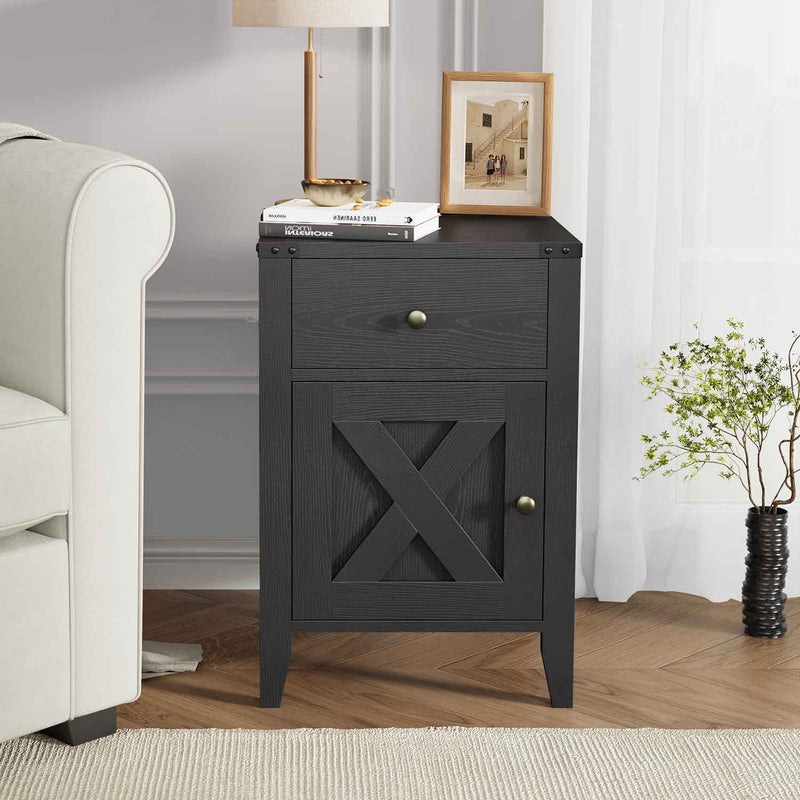 Sikaic Nightstand 23.6 Inches Tall Nightstand with Drawer and Barn Door Storage Cabinet Black Black / Engineered Wood / Modern