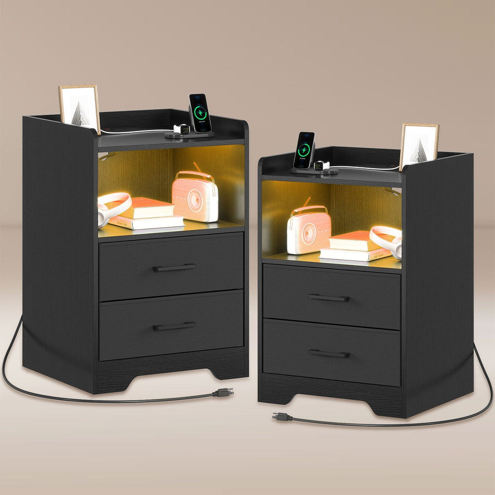 Sikaic Nightstand 2PCS LED Nightstands with Storage Drawers Black Black / Engineered Wood / Modern