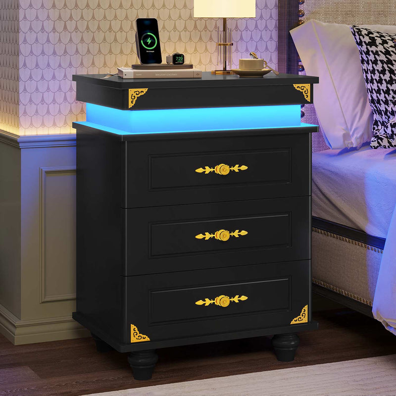 Sikaic Nightstand 3 Drawers Nightstand with LED Lights & Charging Station for Bedroom Black