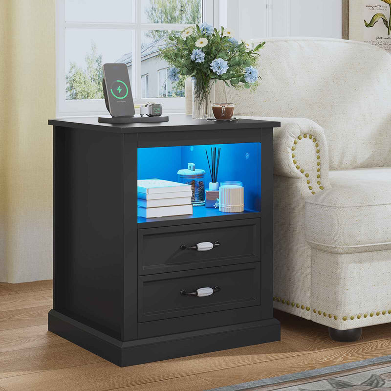 Sikaic Nightstand Farmhouse LED Nightstand with Charging Station and 2 Drawers & Open Cabinet Black Black / Engineered Wood / Modern