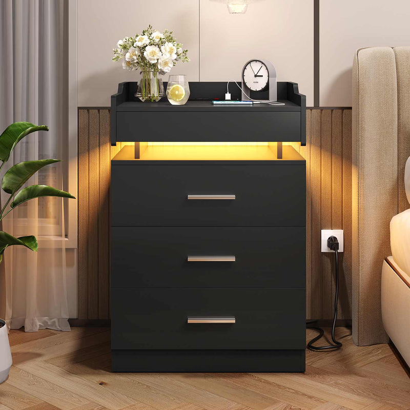 Sikaic Nightstand Large Nightstand with Charging Station and LED Lights Black