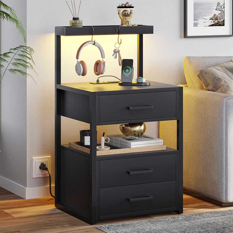 Sikaic Nightstand LED Nightstand with Charging Station 2 USB Ports and 2 AC Outlets And 3 Drawers Open Storage Black