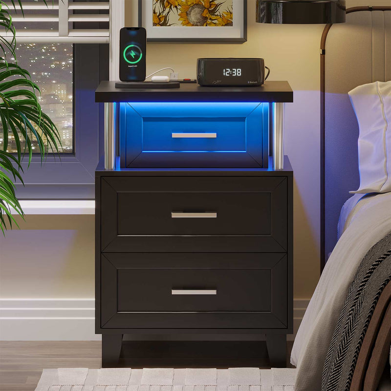 Sikaic Nightstand LED Nightstand with Charging Station 3 Drawers Black