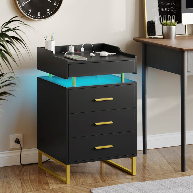 Sikaic Nightstand LED Nightstand with Charging Station and 3 Drawers and 1 Pull-Out Tray Black and Gold