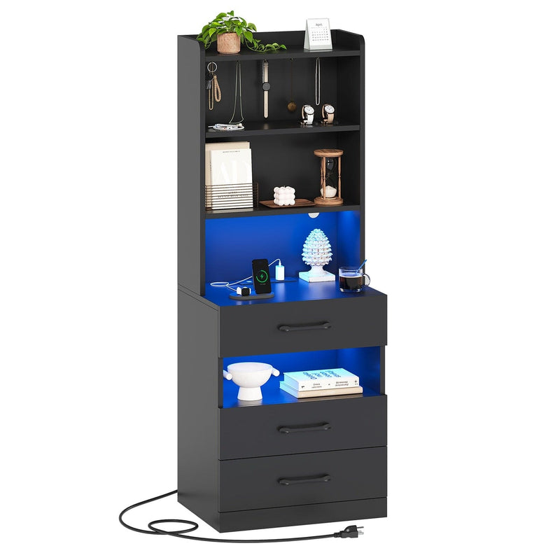 Sikaic Nightstand LED Tall Nightstand with Charging Station 3 Drawers And Bookshelf Black