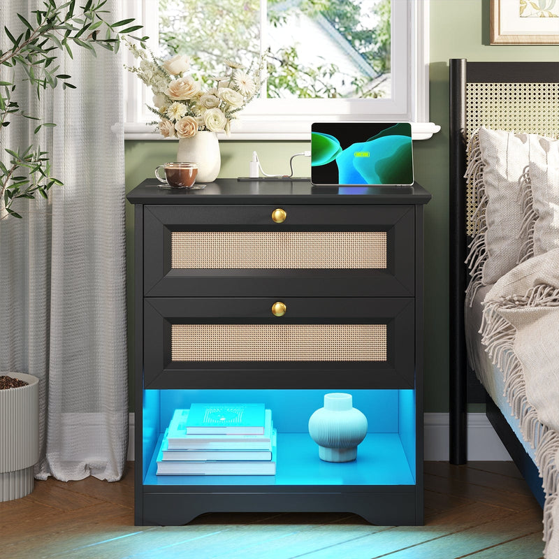 Sikaic Nightstand Rattan LED Nightstand with Charging Station and 2 Storage Drawers Black Black / Engineered Wood / Modern