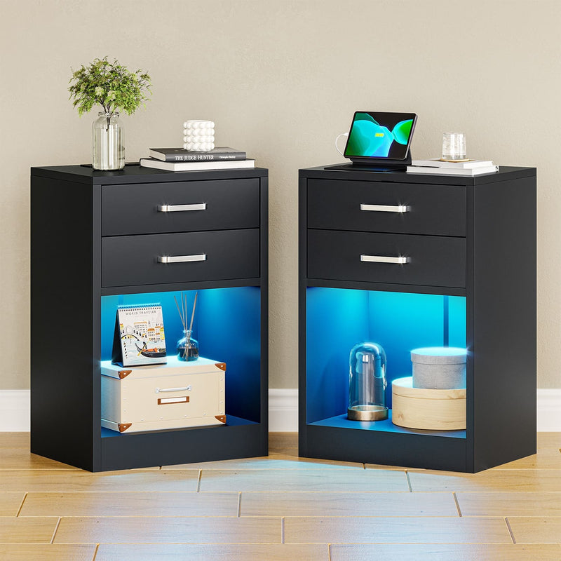 Sikaic Nightstand 2Pcs LED Nightstands with Charging Station Power Outlets & Drawers Black