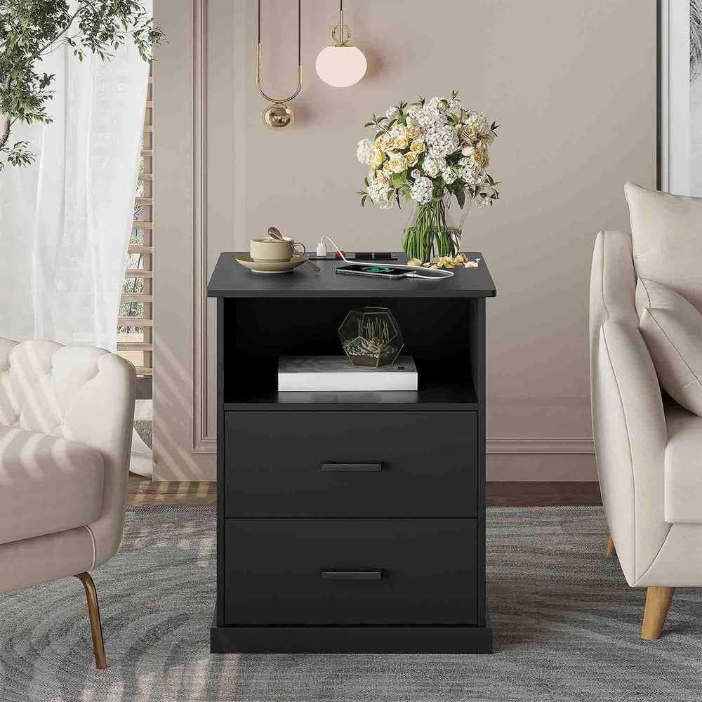 Sikaic Nightstand Nightstand with Charging Station 2 Storage Drawer and Open Cubby Black