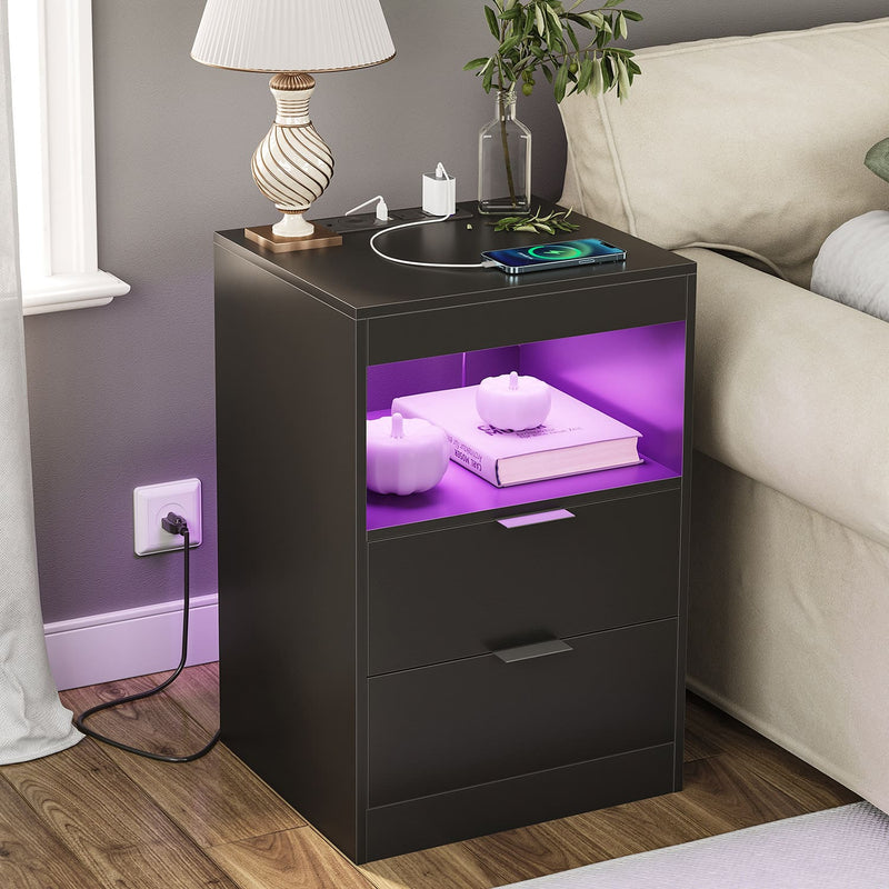 Sikaic Nightstand Nightstand with Pull-Out Shelf Wireless Charging Station and LED Lights Black