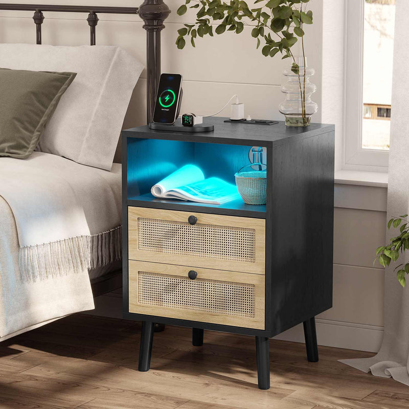 Sikaic Nightstand Rattan LED Nightstand with Charging Station Boho Bedside Table with 2 Drawers Black