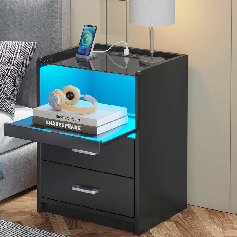 Sikaic Nightstand LED Nightstand with Charging Station Drawers Black