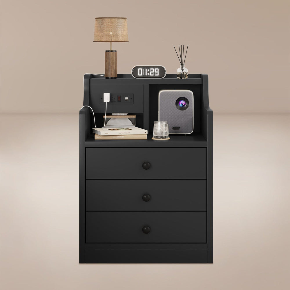 Sikaic Nightstand Nightstand with Charging Station Storage Drawers Black Black / Wood / Modern