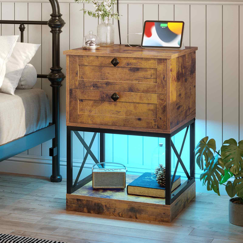 Sikaic Nightstand 2 Drawers LED Nightstand with Charging Station and Open Storage Shelf for Bedroom Brown Brown / Engineered Wood / Modern