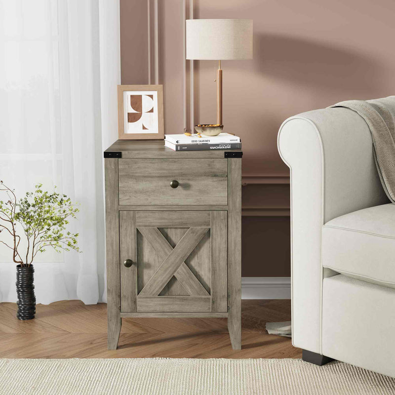 Sikaic Nightstand 23.6 Inches Tall Nightstand with Drawer and Barn Door Storage Cabinet Grey Grey / Engineered Wood / Modern