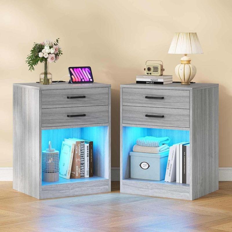 Sikaic Nightstand 2Pcs LED Nightstands with Charging Station Power Outlets and Drawers Grey Grey / Engineered Wood / Modern