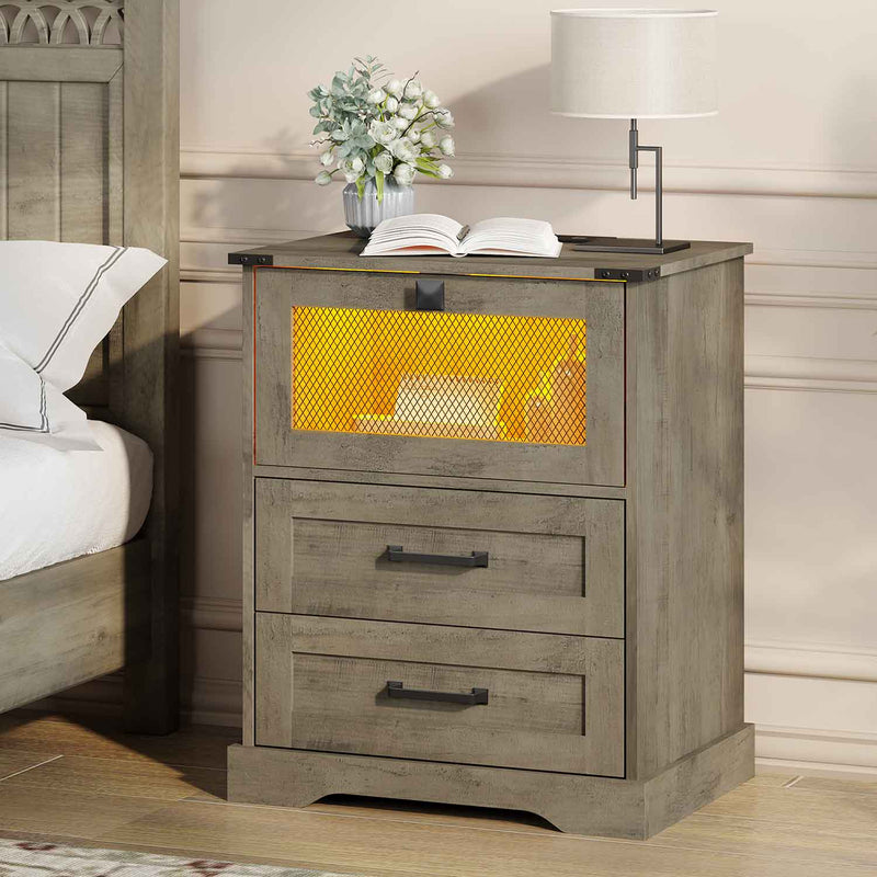 Sikaic Nightstand LED Nightstand with Charging Station 2 Drawers and Open Cubby Rustic Oak Grey Grey / Engineered Wood / Modern