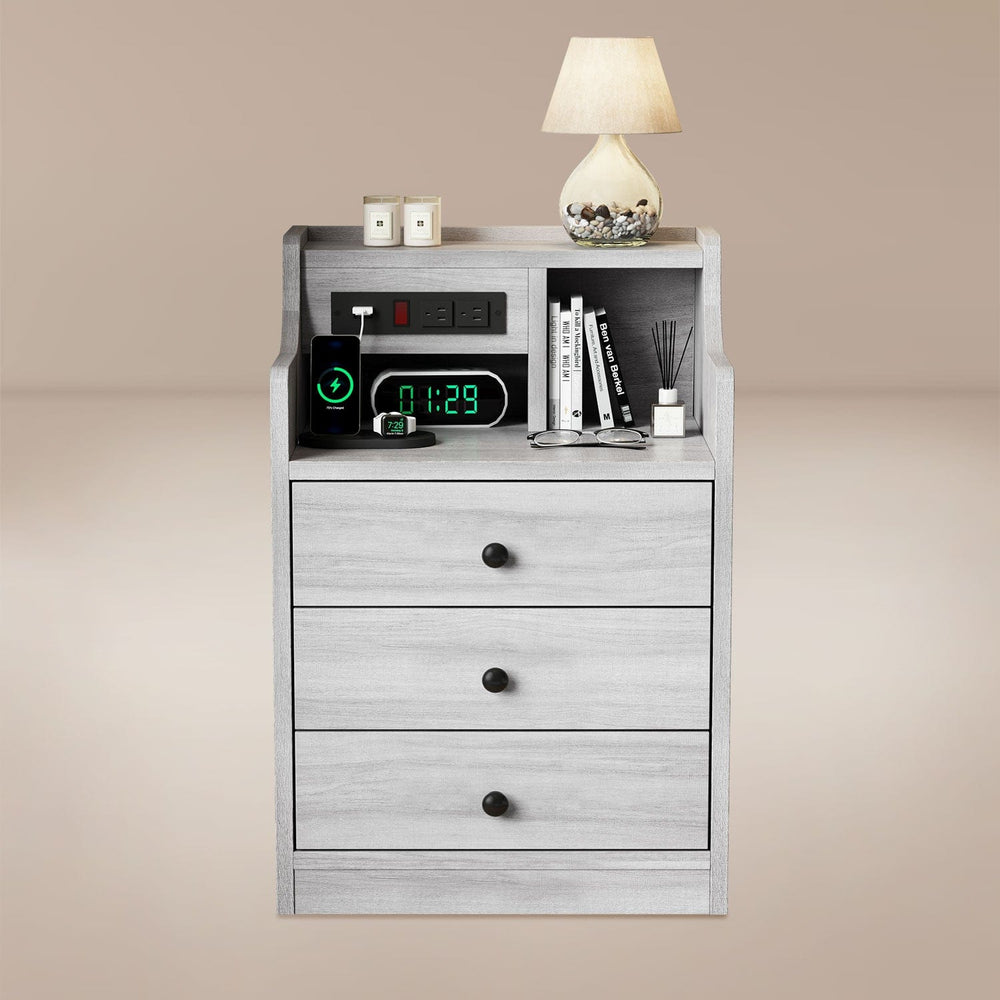 Sikaic Nightstand Nightstand with Charging Station Storage Drawers Grey Grey / Modern / Wood