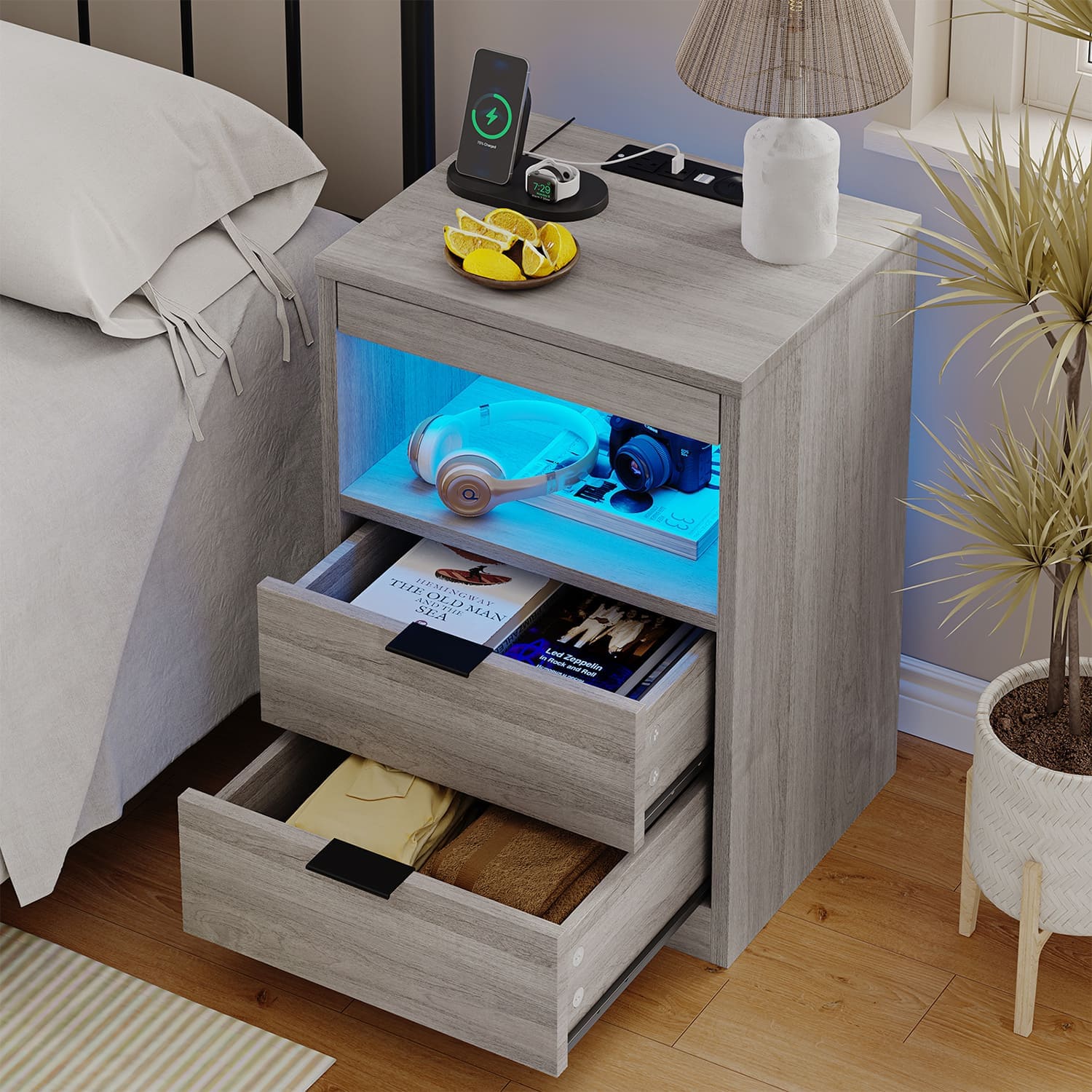 Sikaic Nightstand with Wireless Outlets and LED Lights Grey