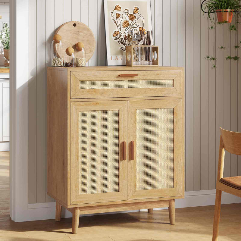 Sikaic Nightstand Rattan Nightstand Storage Cabinet with Large Drawer and Adjustable Shelf Natural Natural / Engineered Wood / Modern