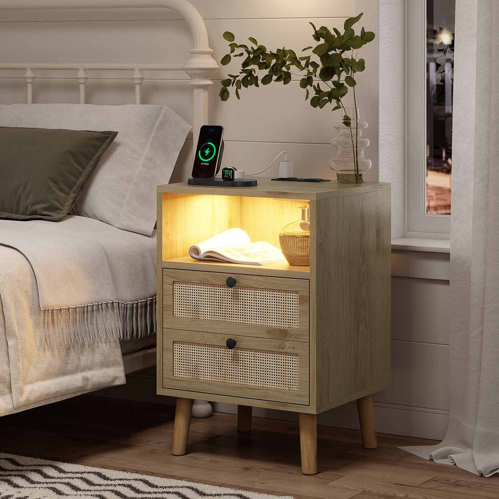 Sikaic Nightstand Rattan LED Nightstand with Charging Station Boho Bedside Table with 2 Drawers Natural