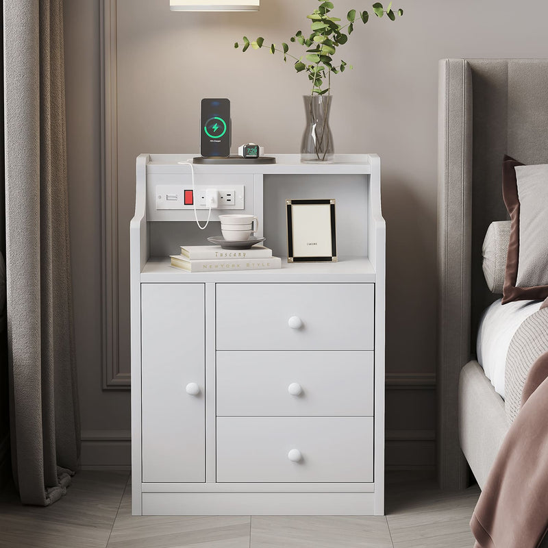 Sikaic Nightstand Nightstand with Charging Station Drawers White