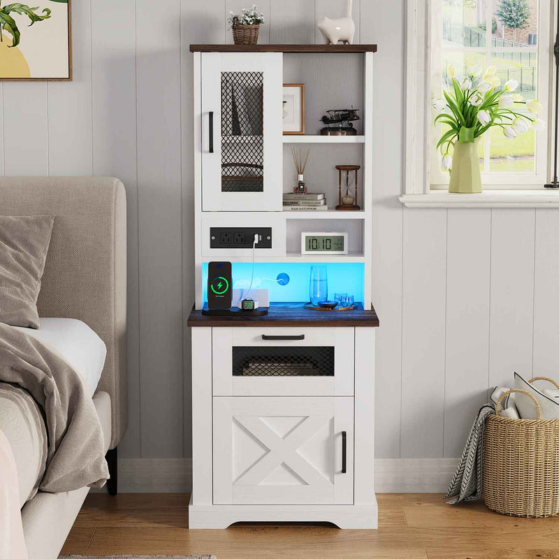 Sikaic Nightstand Farmhouse Tall Nightstand with LED Light and Charging Station & Shelves White White / Engineered Wood / Farmhouse