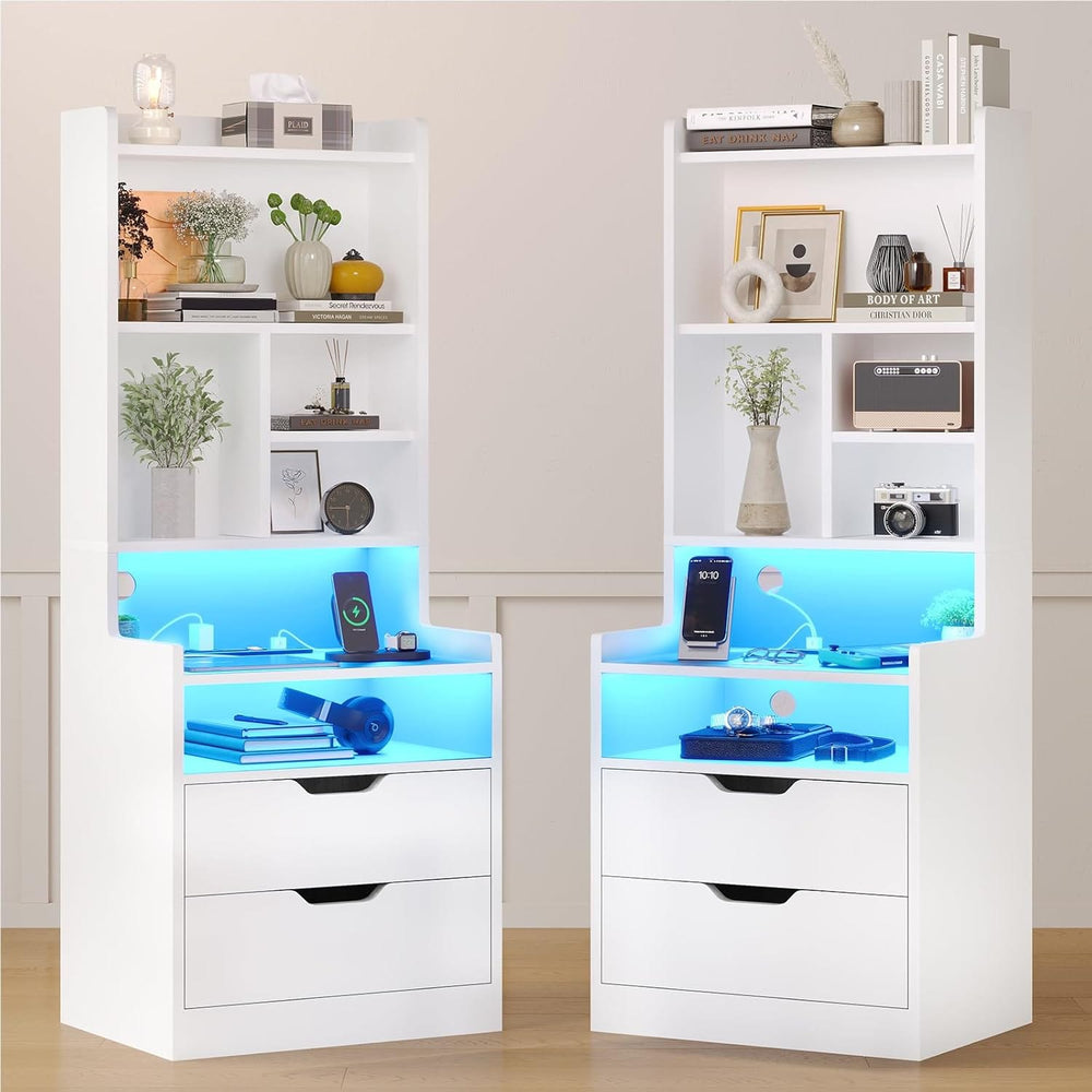 Sikaic Nightstand 2PCS LED Nightstand with Bookshelf Charging Station White White / Engineered Wood / Modern