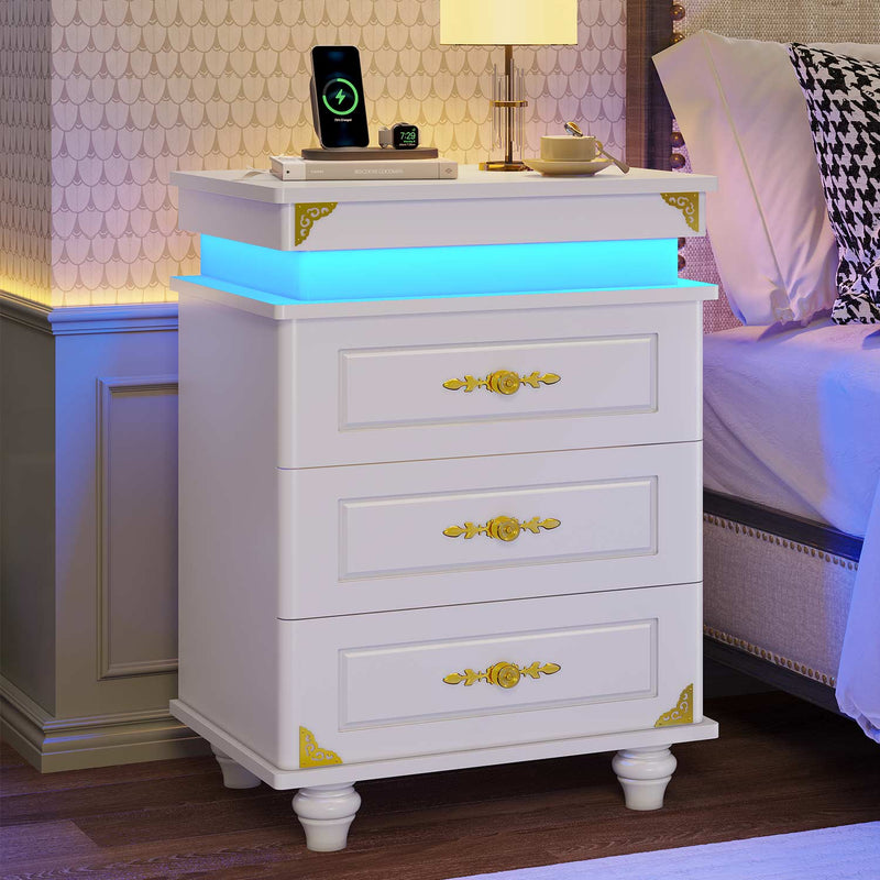 Sikaic Nightstand 3 Drawers Nightstand with LED Lights & Charging Station for Bedroom White