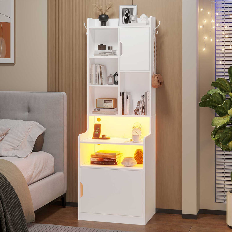 Sikaic Nightstand 67 Inches Tall LED Lights Nightstand with Charging Station and Bookshelf & 2 Hooks White