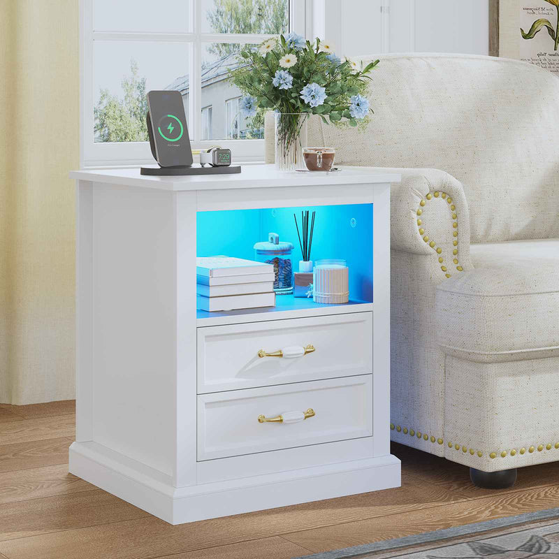 Sikaic Nightstand Farmhouse LED Nightstand with Charging Station and 2 Drawers & Open Cabinet White White / Engineered Wood / Modern