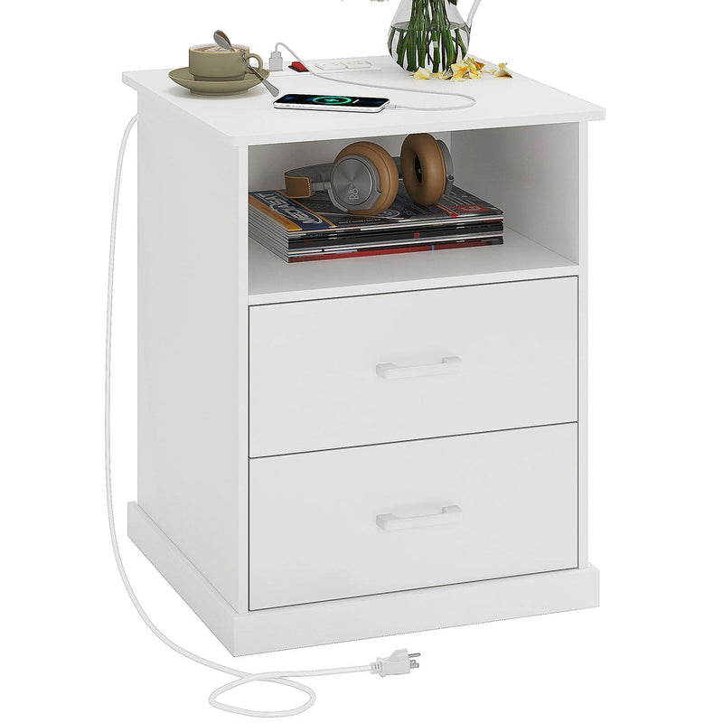 Sikaic Nightstand Large Nightstand with Charging Station Storage Drawers and Open Cubby White