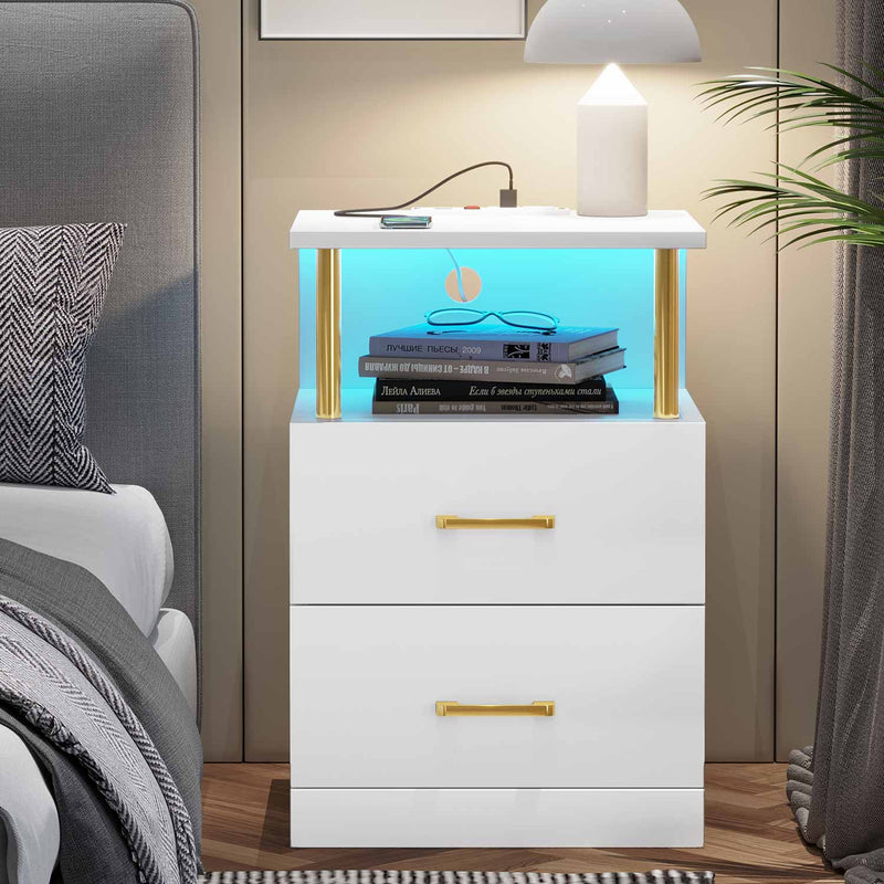 Sikaic Nightstand LED 2 Drawers Nightstand with Charging Station Open Storage 2 USB Ports 2 Outlets White