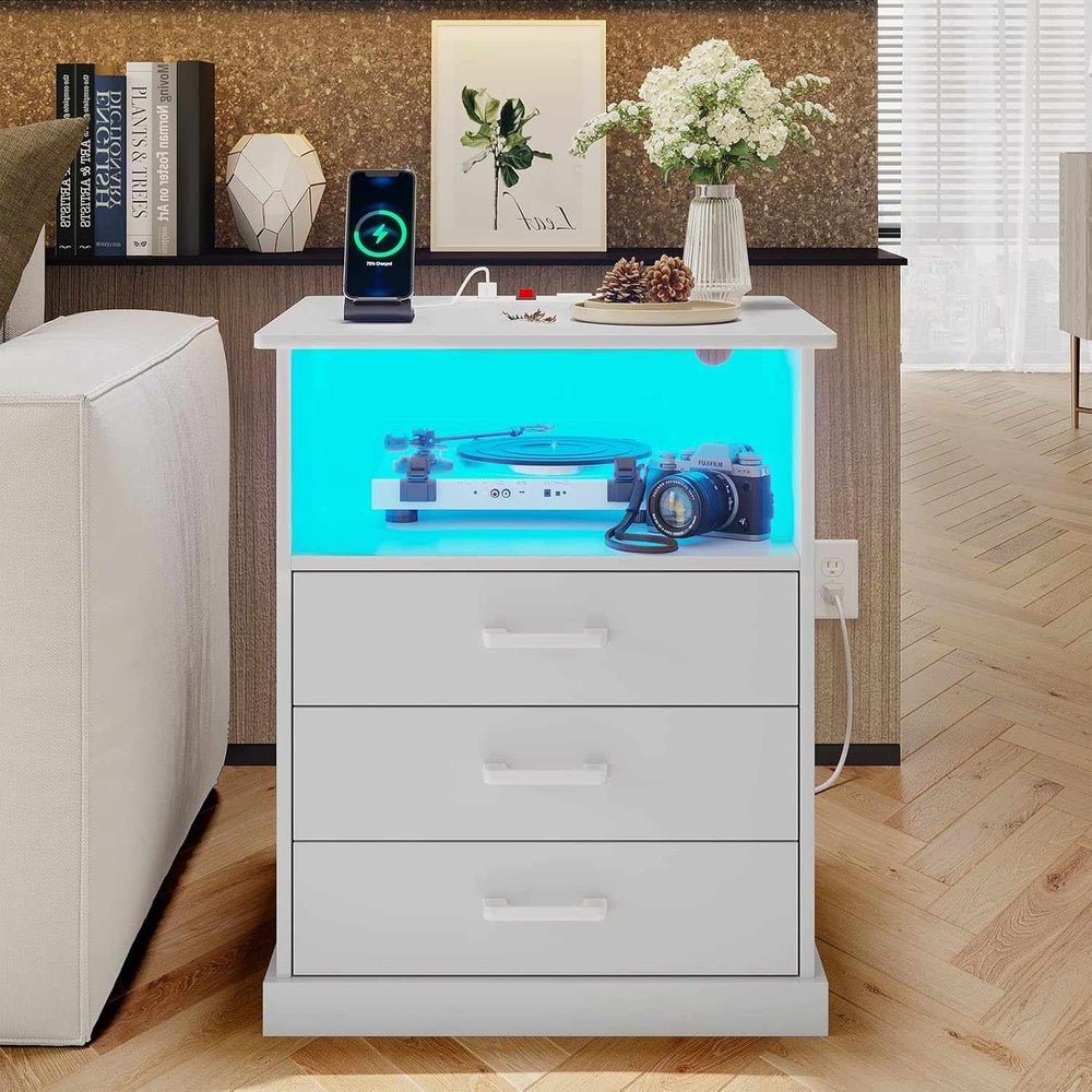 Sikaic Nightstand LED Nightstand with Charging Station 3 Storage Drawers White White / Engineered Wood / Modern