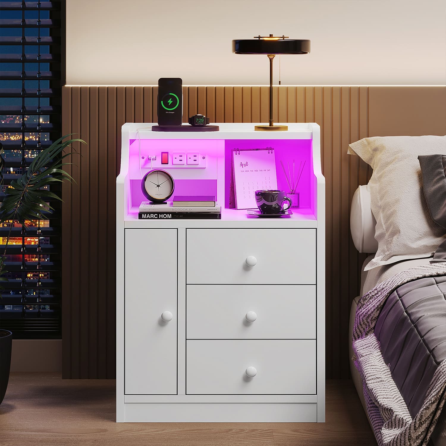 LED Nightstand with Charging Station Hutch Drawers White